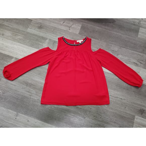 Michael Kors Red Long Sleeve Cold Shoulder Beaded Crew Neck Blouse Shirt Top - Picture 10 of 10